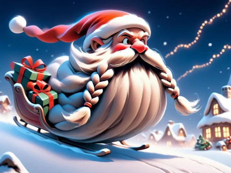 <lora:Harry_Dwarf_1.5:0.9> Harry_Dwarf, braided moustache, long white beard, santa's hat, bangles, north pole,in a sleigh filled with presents , flying across the night sky. <lora:add-detail-xl:0.8>, snowy fields, establishing shot, happy, joyful