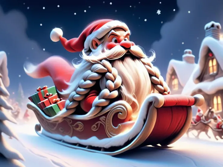 <lora:Harry_Dwarf_1.5:0.9> Harry_Dwarf, braided moustache, long white beard, santa's hat, bangles, north pole,in a sleigh filled with presents , flying across the night sky. <lora:add-detail-xl:0.8>, snowy fields, establishing shot, happy, joyful