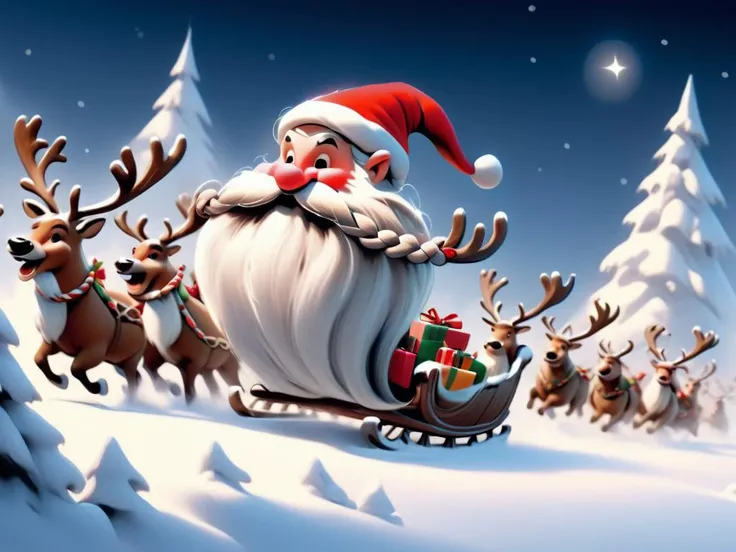 <lora:Harry_Dwarf_1.5:0.9> Harry_Dwarf, braided moustache, long white beard, santa's hat, bangles, north pole,in a sleight filled with christmas presents being pulled by reindeer, shooting across the night sky. <lora:add-detail-xl:0.8>, snowy fields, establishing shot, happy, joyful