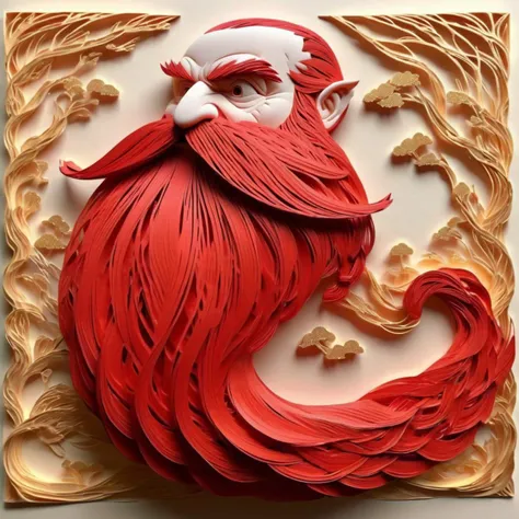 Kirigami representation of <lora:add-detail-xl:2.0>,(Harry_Dwarf) <lora:Harry_Dwarf:1>, side view, full body, mid distance, long red beard, braided moustache, gold bangles, bald, , 3D, paper folding, paper cutting, Japanese, intricate, symmetrical, precision, clean lines