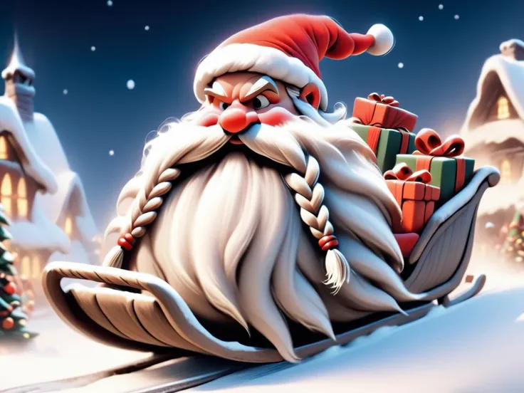 <lora:Harry_Dwarf_1.5:0.9> Harry_Dwarf, braided moustache, long white beard, santa's hat, bangles, north pole,in a sleigh filled with presents , flying across the night sky. <lora:add-detail-xl:0.8>, snowy fields, establishing shot, happy, joyful