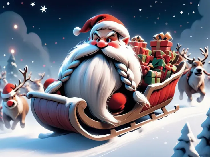 <lora:Harry_Dwarf_1.5:0.9> Harry_Dwarf, braided moustache, long white beard, santa's hat, bangles, north pole,in a sleigh filled with presents , flying across the night sky. <lora:add-detail-xl:0.8>, snowy fields, establishing shot, happy, joyful