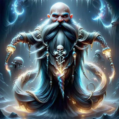 hyper detailed masterpiece, dynamic, awesome quality, strigoi, personification of the end of life, skeletal figure, carries a scythe, dark tattered robes, , afterlife, universal inexorable force in existence <lora:SDXLFrosted:1>, Harry_Dwarf, dwarf-like, flowing long beard, braided moustache,bald, bangles, <lora:Harry_Dwarf_1.5:1>,