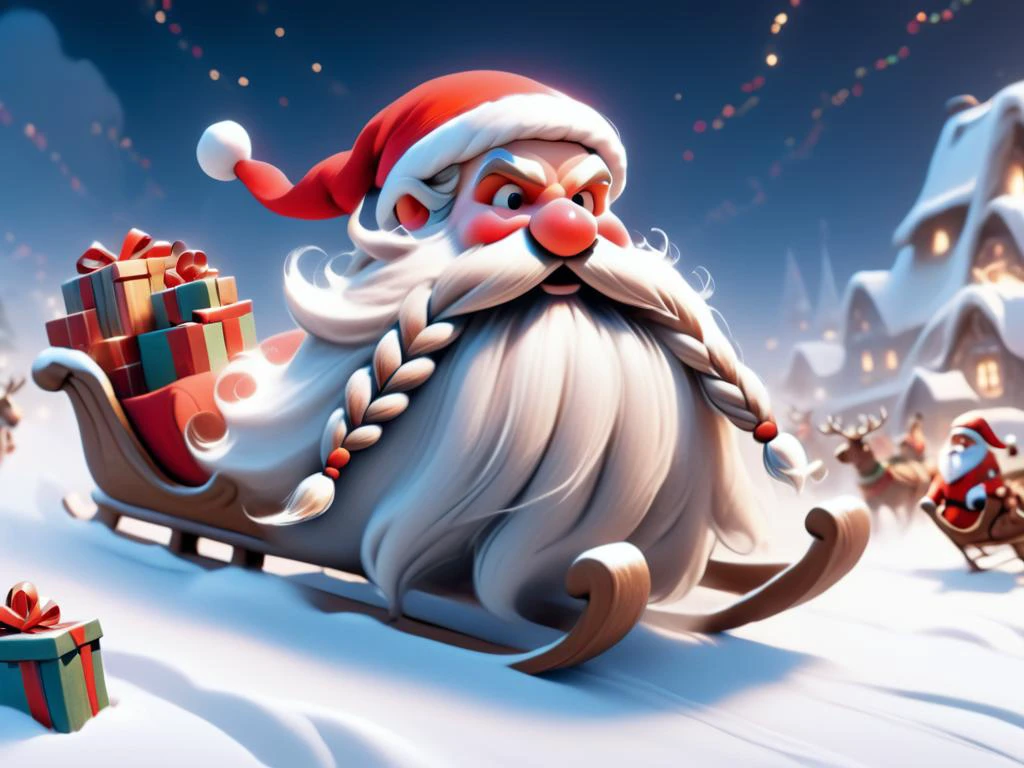 <lora:Harry_Dwarf_1.5:0.9> Harry_Dwarf, braided moustache, long white beard, santa's hat, bangles, north pole,in a sleigh filled with presents , flying across the night sky. <lora:add-detail-xl:0.8>, snowy fields, establishing shot, happy, joyful