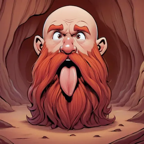 illustrated, <lora:ahegao_xl_v4_nd20_na10_cd20_ca10:1> tongue out, ahegao, drool, <lora:Harry_Dwarf:1> Harry_Dwarf, long red beard, bald, close up,cross eyed, cave background