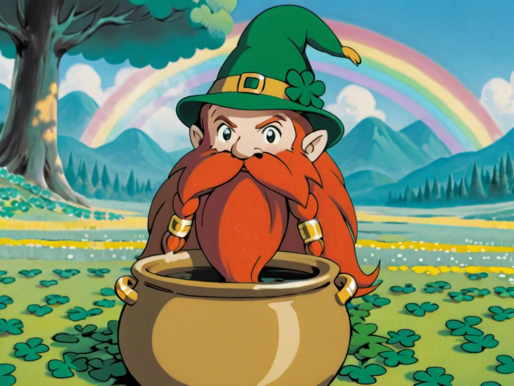 Harry_Dwarf as a leprechaun, looking at viewer, flowing long red beard, braided moustache,leprechaun hat, golden bangles, <lora:Harry_Dwarf_1.5:1>, pot of gold, rainbows, field of shamrocks, magical forest, <lora:SDXL1.0_Essenz-series-by-AI_Characters_Style_NausicaäOfTheValleyOfTheWindHayaoMyazaki-v1.2:0.8> anime screencap in vwst artstyle
