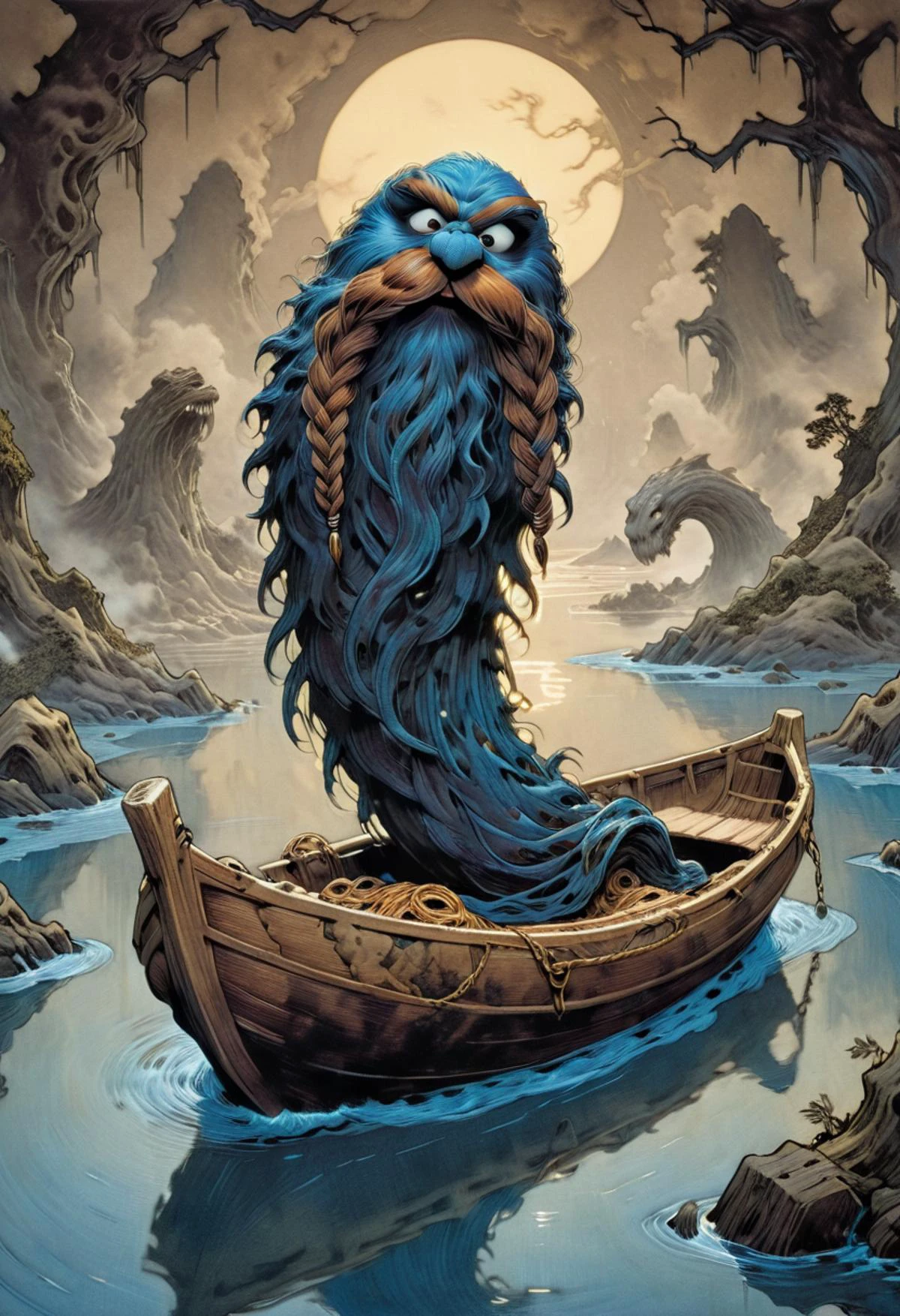 dark digital art, cookie monster jedi in a small boat in the middle of a dark swamp, (in the style of takato yamamoto:1.2), vibrant, cinematic, abstract chaotic static background pattern, . emotional, harmonious, vignette, 4k epic detailed, shot on kodak, 35mm photo, sharp focus, high budget, cinemascope, moody, epic, gorgeous, film grain, grainy . predating human civilization. crude and simple, but also surprisingly beautiful artwork, made by genius primeval artist. best quality, high resolution <lora:Horror_HK:1> <lora:xl_more_art-full_v1:0.75>, Harry_Dwarf, dwarf-like, flowing long beard, braided moustache,bald, bangles, <lora:Harry_Dwarf_1.5:1>,