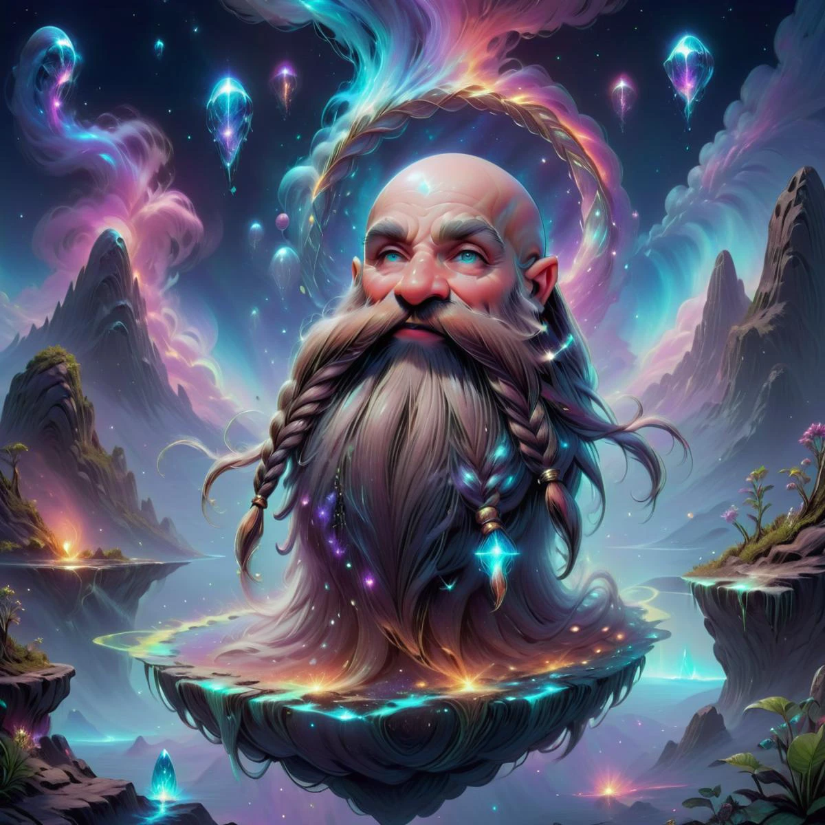 Harry_Dwarf, dwarf-like, flowing long cosmic beard, braided moustache, bald, celestial aura, mystical surroundings, floating islands suspended in the sky, luminescent plants emitting otherworldly glow, iridescent stones, Harry_Dwarf with ethereal bangles, vibrant nebula colors, magical sparks in the air, crystalline structures with glowing veins, surreal landscape with floating crystals, bioluminescent creatures, celestial runes in the air, detailed and enchanting, 4K resolution, . <lora:Harry_Dwarf_1.5:1>