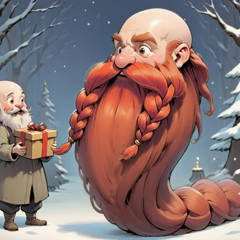 cartoon illustration, disney style, studio ghibli <lora:Harry_Dwarf_1.5:1> Harry_Dwarf, Braided moustache, long red beard, bald, receiving a gift, happy, christmas time