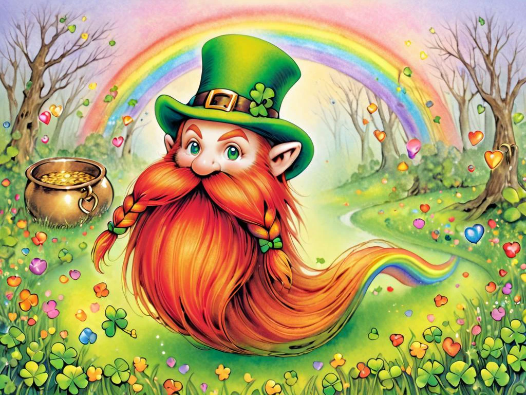 Harry_Dwarf as a leprechaun, looking at viewer, flowing long red beard, braided moustache,leprechaun hat, horseshoe bangles, <lora:Harry_Dwarf_1.5:1>, pot of gold, rainbows, field of shamrocks, magical forest, <lora:YvonneCoomber:0.8> yvonne coomber style