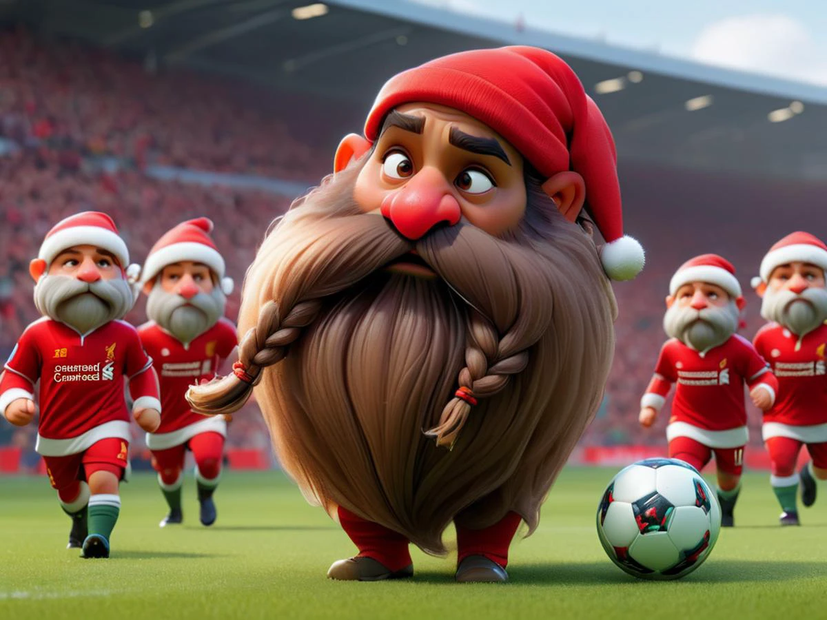 (disney pixar style:1.2) (cute adorable reindeer with the likeness of Mo Salah:1.2), (wearing a red Liverpool santa hat and red Liverpool jersey:1.2), Mo Salah as a cute adorable reindeer dribbling a soccer ball down a soccer field, fierce look of determination, team of guinea pigs with red Liverpool soccer jerseys ,ultra detailed, masterpiece, Harry_Dwarf, dwarf-like, flowing long beard, braided moustache,bald, bangles, <lora:Harry_Dwarf_1.5:1>,