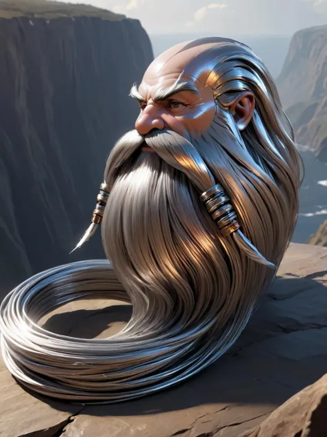 cybernetic robot  ultra detailed, masterpiece,  Harry_Dwarf,  dwarf-like, flowing long Silver beard, twirly moustache,bald, bangles, <lora:Harry_Dwarf_1.5:1>, back lighting, beautiful lighting, on a cliff, android, AI, machine, metal, wires, tech, futuristic, highly detailed