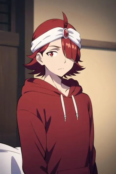 masterpiece, best quality, high quality, 1boy, solo, male focus, looking at viewer, upper body, <lora:mystras_leoxses:0.58>, mystras_leoxses, red hair, red eyes, hoodie