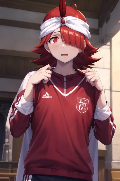 masterpiece, best quality, high quality, 1boy, solo, male focus, looking at viewer, upper body, <lora:mystras_leoxses:0.72>, mystras_leoxses, red hair, red eyes, sportswear
