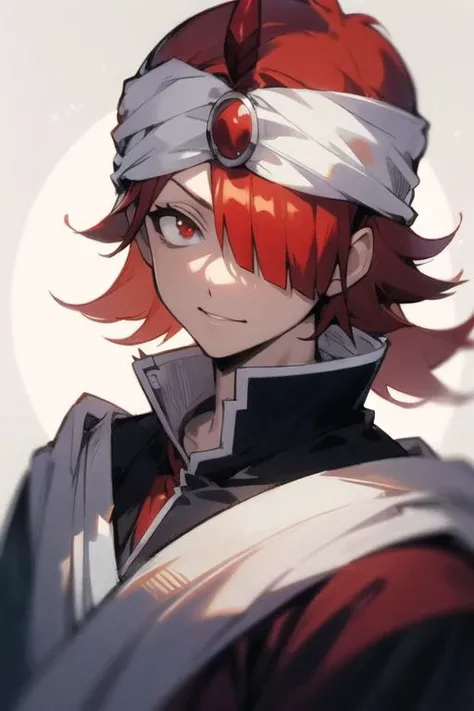 masterpiece, best quality, high quality, 1boy, solo, male focus, looking at viewer, upper body, <lora:mystras_leoxses:0.64>, mystras_leoxses, red hair, red eyes,