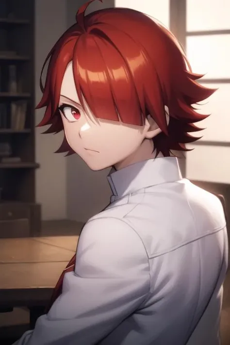 masterpiece, best quality, high quality, 1boy, solo, male focus, looking at viewer, upper body, <lora:mystras_leoxses:0.64>, mystras_leoxses, red hair, red eyes, gakuran