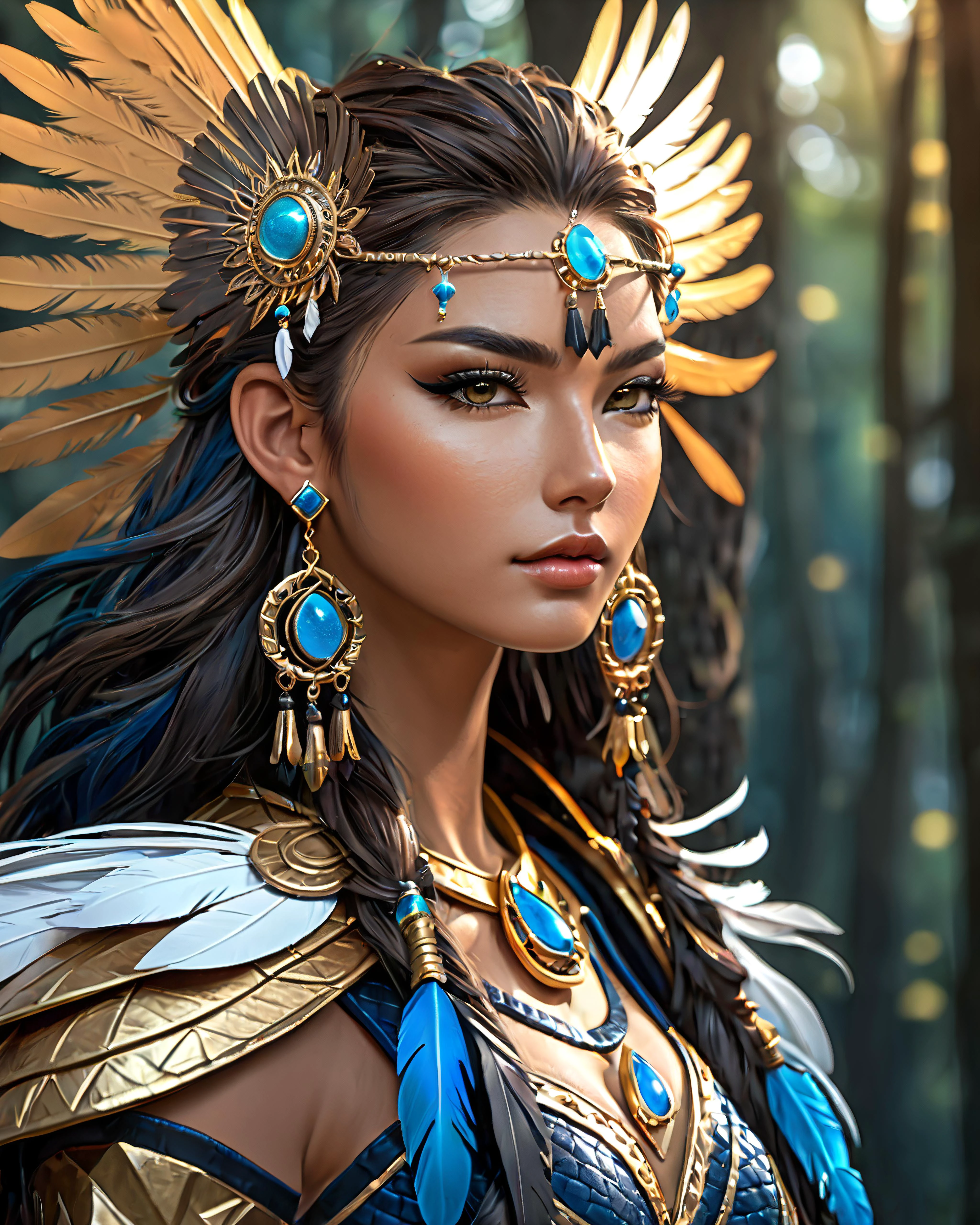 beautiful tribal woman, cat ears, flowing tinted hair, blue, gold, white, leather armor, ((earrings, feathers, tassels, ribbons):1.3) dark forest background, fantasy style, (dark shot:1.17), epic realistic, faded, ((neutral colors)), art, (hdr:1.5), (muted colors:1.2), hyperdetailed, (artstation:1.5), cinematic, warm lights, dramatic light, (intricate details:1.1), complex background, (teal and orange:0.4), colorful, (natural skin texture, hyperrealism, soft light, sharp:1.2), (intricate details, hyperdetailed:1.15)