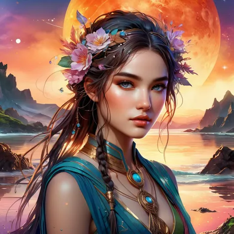 interplanetary Digital watercolor Illustration of a summerscape sunset, by JB, Waterhouse, Carne Griffiths, Minjae Lee, Ana Paula Hoppe, Stylized watercolor art, Intricate, Complex contrast, HDR, Sharp, soft Cinematic Volumetric lighting, flowery pastel colours, wide long shot, perfect masterpiece, detailed matte painting, deep color, fantastical, intricate detail, splash screen, complementary colors, fantasy concept art, 8k resolution trending on Artstation Unreal Engine 5