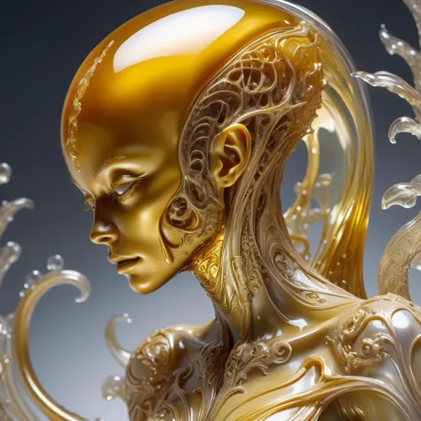 photo, 8k ((surreal)) alien jello sculpture sitiontatue, intricate, elegant, highly detailed, majestic, digital photography, art by artgerm and ruan jia and greg rutkowski surreal painting gold and siver  filigree, broken glass, (masterpiece, sidelighting, hdr, realistic, high defin