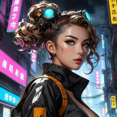 1girl, cyberpunk, futuristic, SciFi , glowing, (mechanical parts:1.5), multicolored eyes, from below, single hair bun, alley, smoke, trash bag, parted lips, curly hair, masterpiece, best quality,