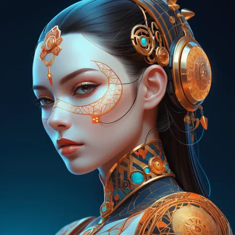 Ultra detailed beautiful female android, side portrait, sharp focus, highly detailed vfx portrait, geometric shapes, global illumination, by james jean and moebius and artgerm and liam brazier and victo ngai and tristan eaton. vector art, digital illustration, concept art, dia de los muertos. 8 k, hdr