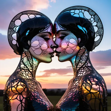 portrait of a two women kissing eachother by Deborah Butterfield, Andy Goldsworthy, Xavier Puente Vilardell, close up transparent neon girl silhouetted liquid epoxy holographic garland sculptural face portrait, bioluminescence, light inside body, sunset sky, clouds, double exposure installation, beautiful, gracious, filigree, fairytale, multilayers, close up highly detailed transparent, neon otherworldly lighting, epic, mystical, close up face, big eyes, hyperrealism, shadow play, intricated, dynamic intricated pose, highly detailed unusual beautiful details, intricated, intricated pose, tiny details masterpiece, high quality, intricated lighting, luminism