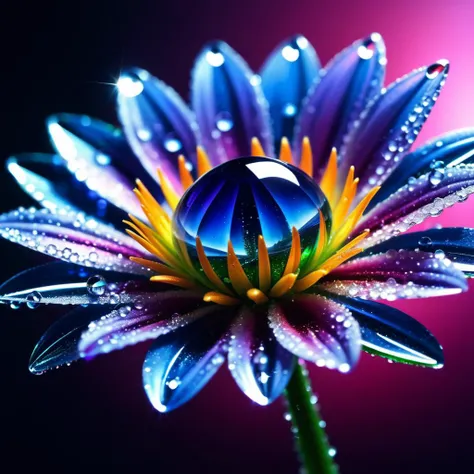 macro photo, sparkling magical fantasy glass flower dewdrop, very detailed, amazing quality, intricate, cinematic light, highly detail, beautiful, surreal, dramatic, galaxy fantasy colors,
