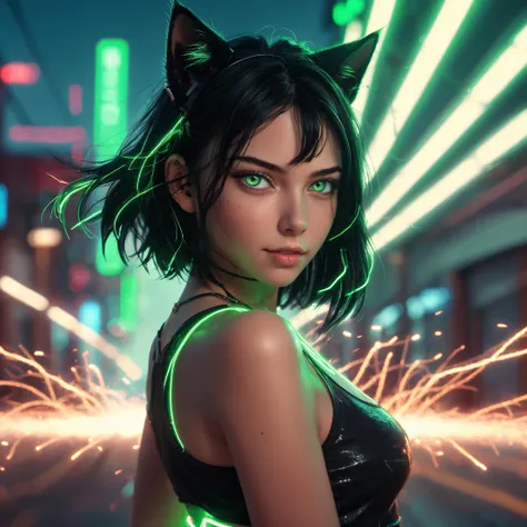 stunning beautiful girl,green eyes,top,shorts,tank top,fliry,natural,thin,fliry smile,deep black hair,belt,looking at viewer,cat ears,hyper realistic,cinematic photo,
background streed,motion lines,neon lights,realistic,Cinematic Lighting,<lora:add-detail-xl:0.8>,<lora:glowneon_xl_v1:0.8>,glowneon,glowing,sparks,profile,, high resolution, extreme detail,
