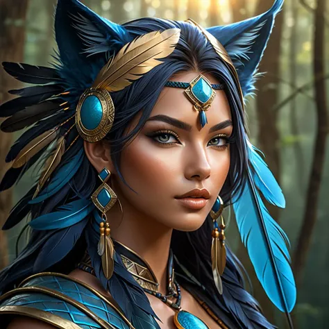 beautiful tribal woman, cat ears, flowing tinted hair, blue, gold, white, leather armor, ((earrings, feathers, tassels, ribbons):1.3) dark forest background, fantasy style, (dark shot:1.17), epic realistic, faded, ((neutral colors)), art, (hdr:1.5), (muted colors:1.2), hyperdetailed, (artstation:1.5), cinematic, warm lights, dramatic light, (intricate details:1.1), complex background, (teal and orange:0.4), colorful, (natural skin texture, hyperrealism, soft light, sharp:1.2), (intricate details, hyperdetailed:1.15)