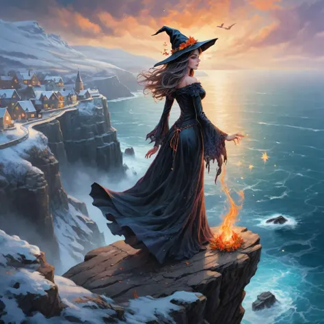 breathtaking A beautiful and stunning witch girl casts a love spell into the air as she stands on a cliff overlooking the sea. There are vivid winter details throughout,creating a lovely and cold ensemble., . award-winning, professional, highly detailed