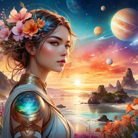 interplanetary Digital watercolor Illustration of a summerscape sunset, by JB, Waterhouse, Carne Griffiths, Minjae Lee, Ana Paula Hoppe, Stylized watercolor art, Intricate, Complex contrast, HDR, Sharp, soft Cinematic Volumetric lighting, flowery pastel colours, wide long shot, perfect masterpiece, detailed matte painting, deep color, fantastical, intricate detail, splash screen, complementary colors, fantasy concept art, 8k resolution trending on Artstation Unreal Engine 5