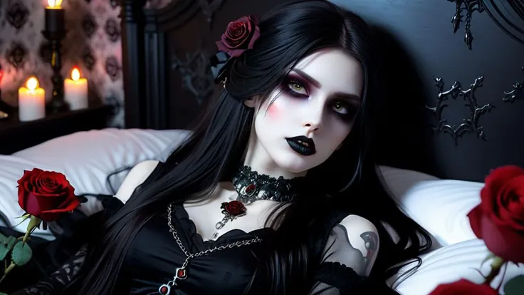 Goth girl, laying on bed ,long hair,looking at viewer,dead white grey eyes,jewelry,necklace,makeup,lipstick,gothic bedroom bed with roses background,portrait,glowing eyes, <lora:dissolve:1>