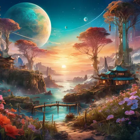 interplanetary Digital watercolor Illustration of a summerscape sunset, by JB, Waterhouse, Carne Griffiths, Minjae Lee, Ana Paula Hoppe, Stylized watercolor art, Intricate, Complex contrast, HDR, Sharp, soft Cinematic Volumetric lighting, flowery pastel colours, wide long shot, perfect masterpiece, detailed matte painting, deep color, fantastical, intricate detail, splash screen, complementary colors, fantasy concept art, 8k resolution trending on Artstation Unreal Engine 5