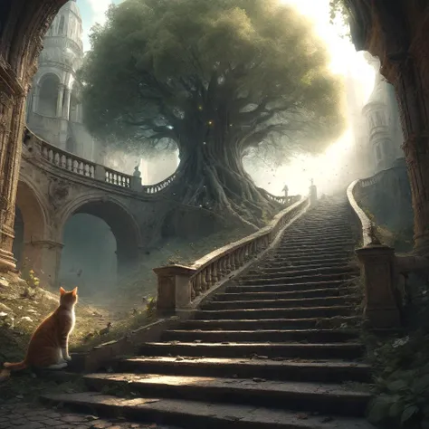 breathtaking A surreal quest for redemption,represented by a vast ((endless staircase winding through the underworld)),with cats climbing together toward a shining and elusive doorway at the top. The scene blends elements of fantasy and reality,with barriers along the path symbolizing various god sins. The mood is dreadful yet challenging with ethereal lighting and magical symbols scattered throughout.,<lora:add-detail-xl:1>,panorama,majestic tree, . award-winning, professional, highly detailed