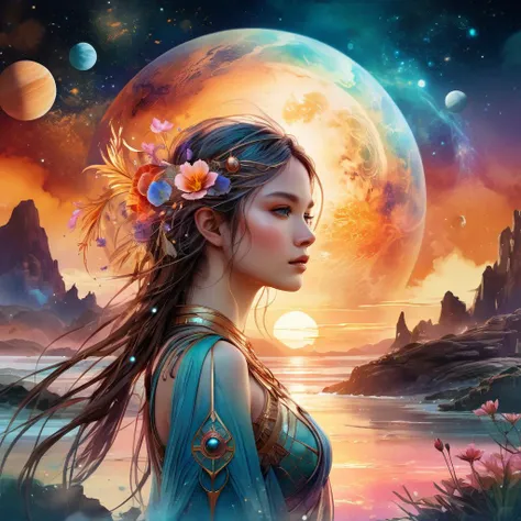 interplanetary Digital watercolor Illustration of a summerscape sunset, by JB, Waterhouse, Carne Griffiths, Minjae Lee, Ana Paula Hoppe, Stylized watercolor art, Intricate, Complex contrast, HDR, Sharp, soft Cinematic Volumetric lighting, flowery pastel colours, wide long shot, perfect masterpiece, detailed matte painting, deep color, fantastical, intricate detail, splash screen, complementary colors, fantasy concept art, 8k resolution trending on Artstation Unreal Engine 5