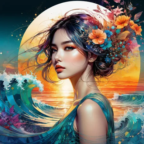 1girl, bbloodmoon Digital watercolor Illustration of a summerscape sunset, by Waterhouse, JB, Carne Griffiths, Minjae Lee, Ana Paula Hoppe, Stylized watercolor art, Intricate, Complex contrast, HDR, Sharp, soft Cinematic Volumetric lighting, flowery pastel colours, perfect wide long shot visual masterpiece Screen print, pop art, splash screen art, triadic colors, digital art, 8k resolution trending on Artstation, golden ratio, symmetrical, rule of thirds, geometric bauhaus abstract vector fractal, wave function, Zentangle, 3d shading