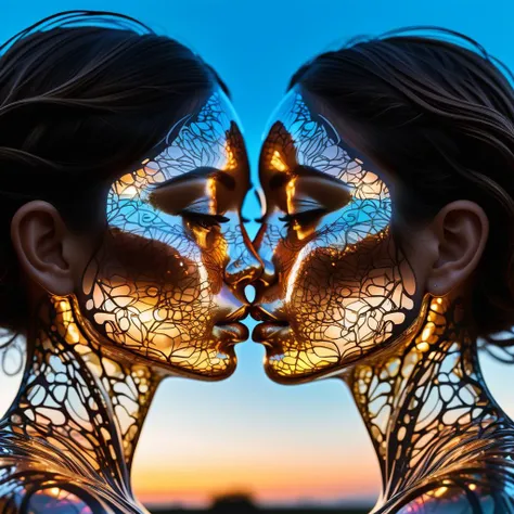 portrait of a two women kissing eachother by Deborah Butterfield, Andy Goldsworthy, Xavier Puente Vilardell, close up transparent neon girl silhouetted liquid epoxy holographic garland sculptural face portrait, bioluminescence, light inside body, sunset sky, clouds, double exposure installation, beautiful, gracious, filigree, fairytale, multilayers, close up highly detailed transparent, neon otherworldly lighting, epic, mystical, close up face, big eyes, hyperrealism, shadow play, intricated, dynamic intricated pose, highly detailed unusual beautiful details, intricated, intricated pose, tiny details masterpiece, high quality, intricated lighting, luminism