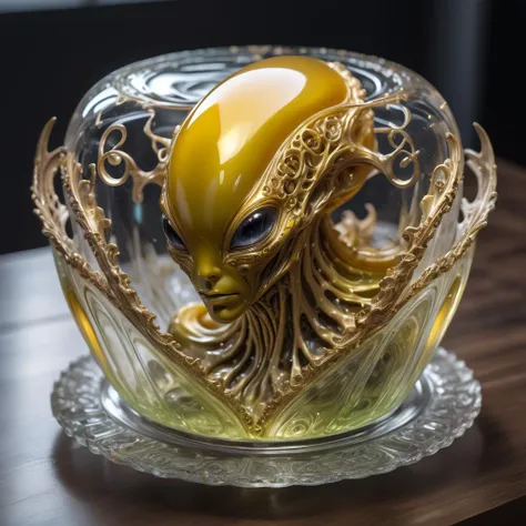 photo, 8k ((surreal)) alien jello sculpture sitiontatue, intricate, elegant, highly detailed, majestic, digital photography, art by artgerm and ruan jia and greg rutkowski surreal painting gold and siver  filigree, broken glass, (masterpiece, sidelighting, hdr, realistic, high defin