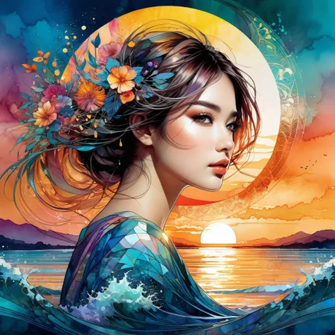 1girl, bbloodmoon Digital watercolor Illustration of a summerscape sunset, by Waterhouse, JB, Carne Griffiths, Minjae Lee, Ana Paula Hoppe, Stylized watercolor art, Intricate, Complex contrast, HDR, Sharp, soft Cinematic Volumetric lighting, flowery pastel colours, perfect wide long shot visual masterpiece Screen print, pop art, splash screen art, triadic colors, digital art, 8k resolution trending on Artstation, golden ratio, symmetrical, rule of thirds, geometric bauhaus abstract vector fractal, wave function, Zentangle, 3d shading