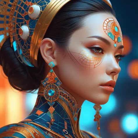 Ultra detailed beautiful female android, side portrait, sharp focus, highly detailed vfx portrait, geometric shapes, global illumination, by james jean and moebius and artgerm and liam brazier and victo ngai and tristan eaton. vector art, digital illustration, concept art, dia de los muertos. 8 k, hdr