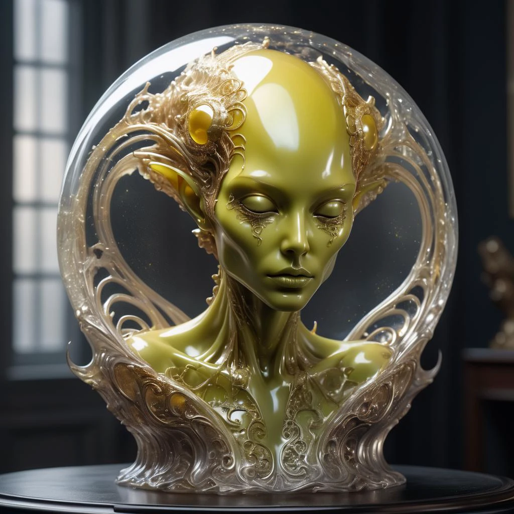 photo, 8k ((surreal)) alien jello sculpture sitiontatue, intricate, elegant, highly detailed, majestic, digital photography, art by artgerm and ruan jia and greg rutkowski surreal painting gold and siver filigree, broken glass, (masterpiece, sidelighting, hdr, realistic, high defin