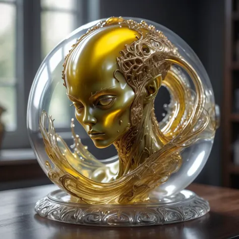 photo, 8k ((surreal)) alien jello sculpture sitiontatue, intricate, elegant, highly detailed, majestic, digital photography, art by artgerm and ruan jia and greg rutkowski surreal painting gold and siver  filigree, broken glass, (masterpiece, sidelighting, hdr, realistic, high defin