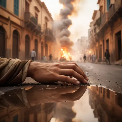 Close up of a dirty hand touching the tips of the fingers in a reflection in the style of The Creation of Adam, fog, war scenario, fire at background, chaotic atmosphere, chaotic, dust and particles in the air, cinematic shot, soft contrast, texture, highly detailed scene, dramatic atmosphere, Middle Eastern city street, 14mm, f1.4, vignette, dramatic photography, Creation of Adam style