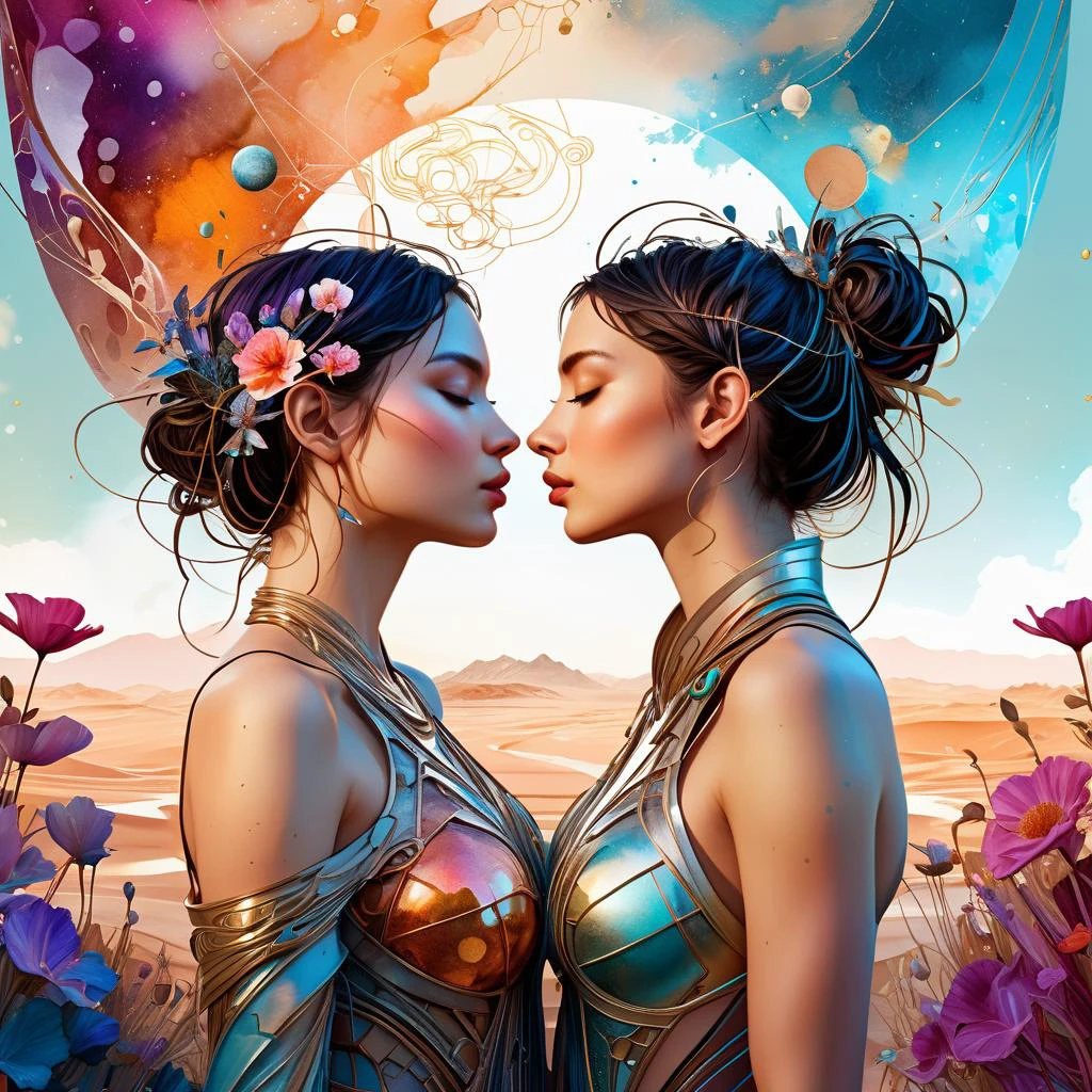 portrait of a woman kissing a woman in interplanetary Digital watercolor Illustration of a summerscape sunset, by JB, Waterhouse, Carne Griffiths, Minjae Lee, Ana Paula Hoppe, Stylized watercolor art, Intricate, Complex contrast, HDR, Sharp, soft Cinematic Volumetric lighting, flowery pastel colours, wide long shot, perfect masterpiece, detailed matte painting, deep color, fantastical, intricate detail, splash screen, complementary colors, fantasy concept art, 8k resolution trending on Artstation Unreal Engine 5