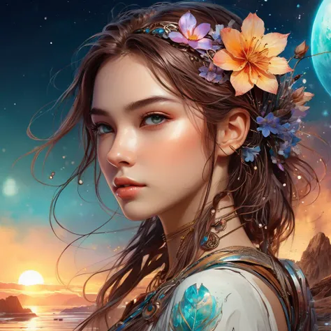 1 girl, interplanetary Digital watercolor Illustration of a summerscape sunset, by JB, Waterhouse, Carne Griffiths, Minjae Lee, Ana Paula Hoppe, Stylized watercolor art, Intricate, Complex contrast, HDR, Sharp, soft Cinematic Volumetric lighting, flowery pastel colours, wide long shot, perfect masterpiece, detailed matte painting, deep color, fantastical, intricate detail, splash screen, complementary colors, fantasy concept art, 8k resolution trending on Artstation Unreal Engine 5