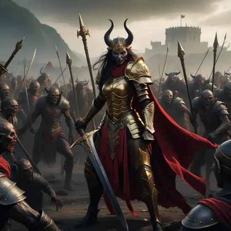 unexpected encounter, a tall female demon dressed as a warrior, holding a golden sword in one hand and a golden buckler in the other. In the foreground with her were warriors crouched down holding spears, her face was raised up in one hand and her back to the camera. The scene made all the people in the foreground look like zombies. The scene made up of black and red cloth and black armor. The scene made of all of the
unexpected encounter::abstract
