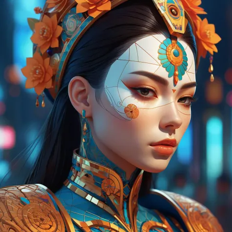 Ultra detailed beautiful female android, side portrait, sharp focus, highly detailed vfx portrait, geometric shapes, global illumination, by james jean and moebius and artgerm and liam brazier and victo ngai and tristan eaton. vector art, digital illustration, concept art, dia de los muertos. 8 k, hdr