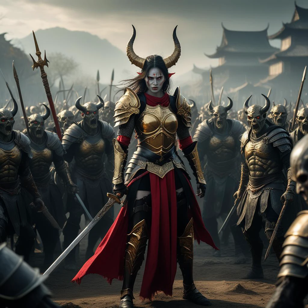 unexpected encounter, a tall female demon dressed as a warrior, holding a golden sword in one hand and a golden buckler in the other. In the foreground with her were warriors crouched down holding spears, her face was raised up in one hand and her back to the camera. The scene made all the people in the foreground look like zombies. The scene made up of black and red cloth and black armor. The scene made of all of the
unexpected encounter::abstract