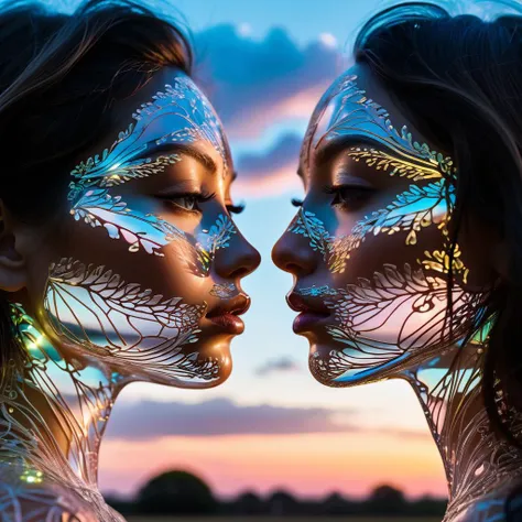 portrait of a two women kissing eachother by Deborah Butterfield, Andy Goldsworthy, Xavier Puente Vilardell, close up transparent neon girl silhouetted liquid epoxy holographic garland sculptural face portrait, bioluminescence, light inside body, sunset sky, clouds, double exposure installation, beautiful, gracious, filigree, fairytale, multilayers, close up highly detailed transparent, neon otherworldly lighting, epic, mystical, close up face, big eyes, hyperrealism, shadow play, intricated, dynamic intricated pose, highly detailed unusual beautiful details, intricated, intricated pose, tiny details masterpiece, high quality, intricated lighting, luminism