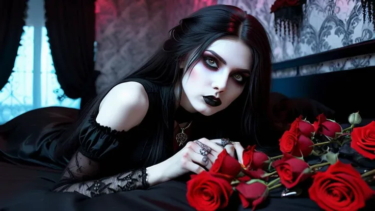 Goth girl, laying on bed ,long hair,looking at viewer,dead white grey eyes,jewelry,necklace,makeup,lipstick,gothic bedroom bed with roses background,portrait,glowing eyes, <lora:dissolve:1>